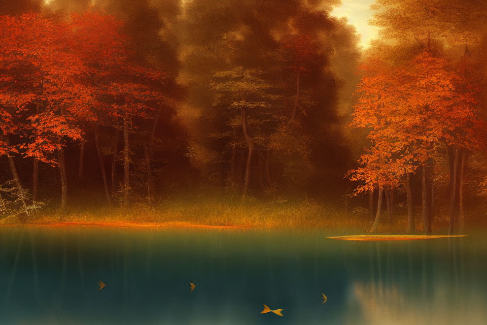 Golden-red trees reflecting on tranquil lake in warm light