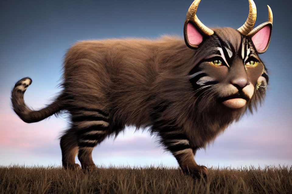 Digital illustration of a whimsical creature with cat body, lion face, and goat horns