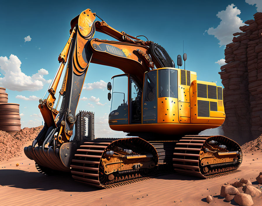 Orange Tracked Excavator on Desert Terrain with Clear Blue Sky