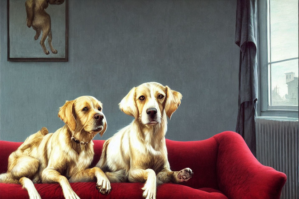 Two Golden Retrievers on Red Sofa in Room with Grey Walls and Window View of Buildings