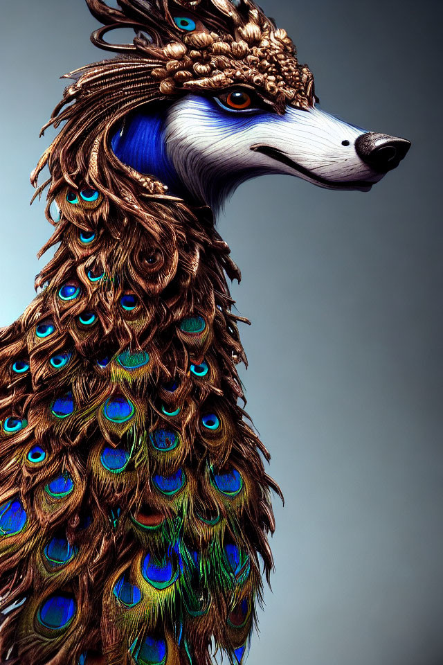 Stylized portrait blending peacock and wolf features