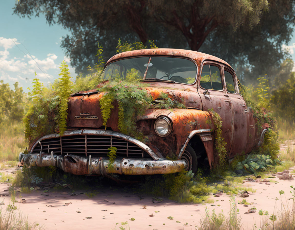 Abandoned vintage car reclaimed by nature in lush forest