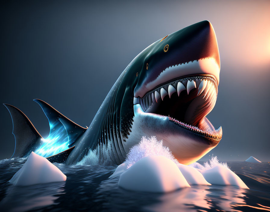 Digital artwork: Fierce shark emerging from water with open mouth in icy seascape