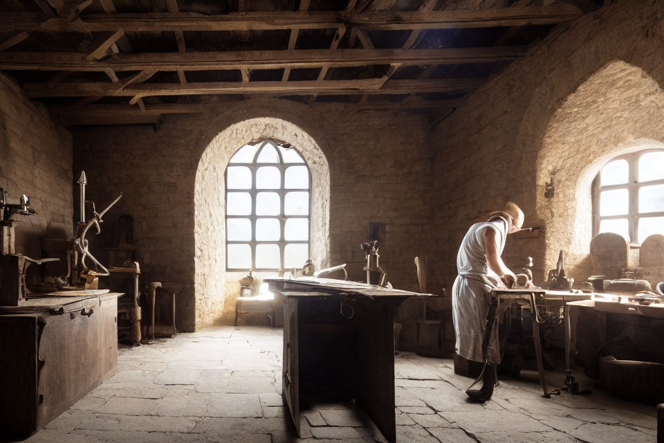 Historically dressed person crafting in rustic stone workshop