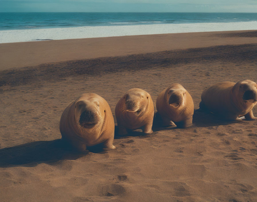 Four Walruses Resting on Sandy Beach with Ocean and Clear Blue Sky