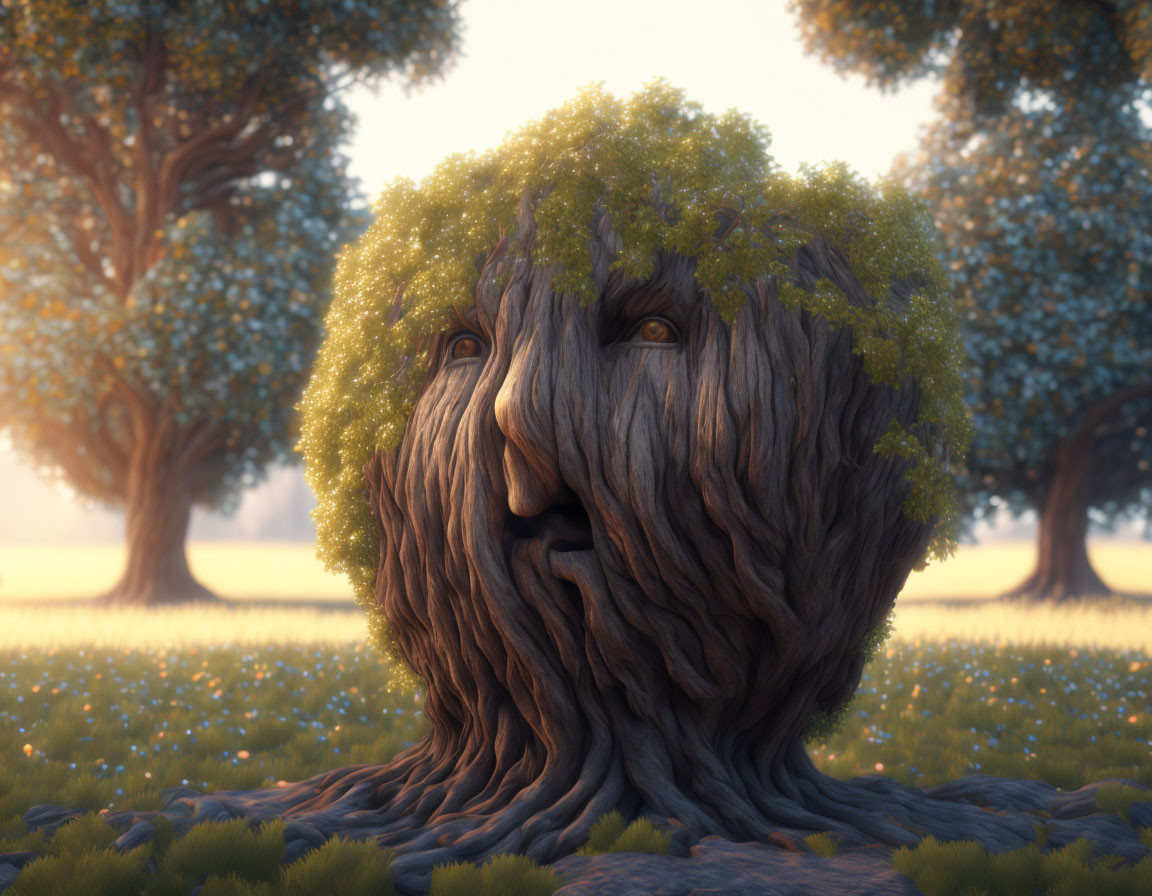 Ancient tree spirit illustration in serene meadow at sunrise or sunset