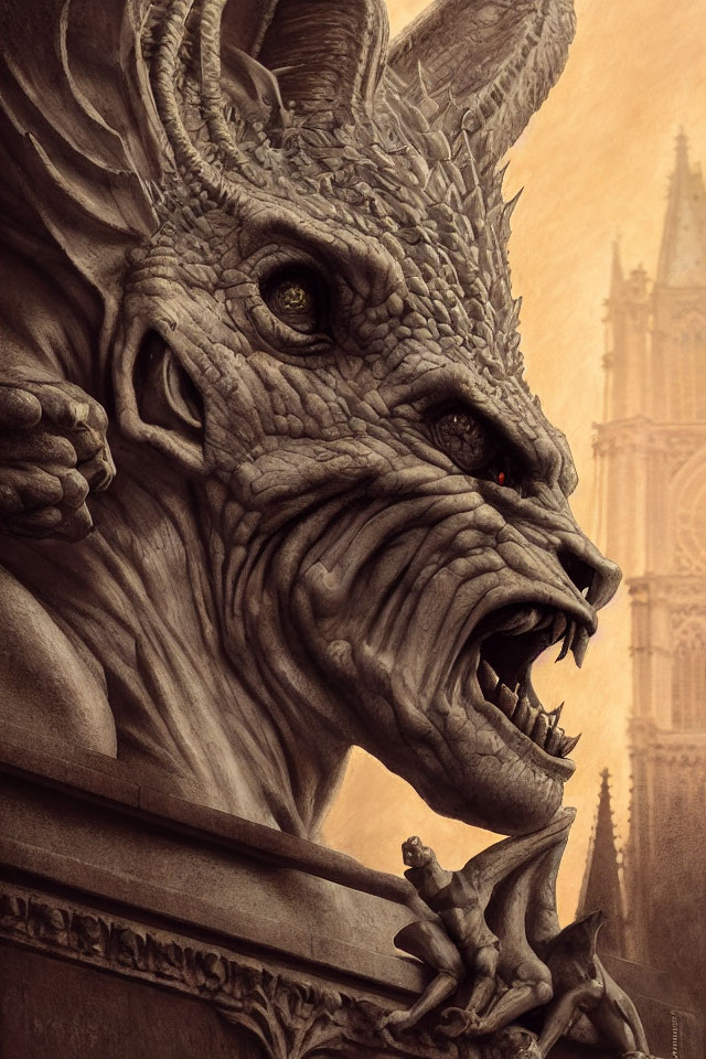 Detailed Stone Lion Gargoyle Illustration Against Gothic Cathedral