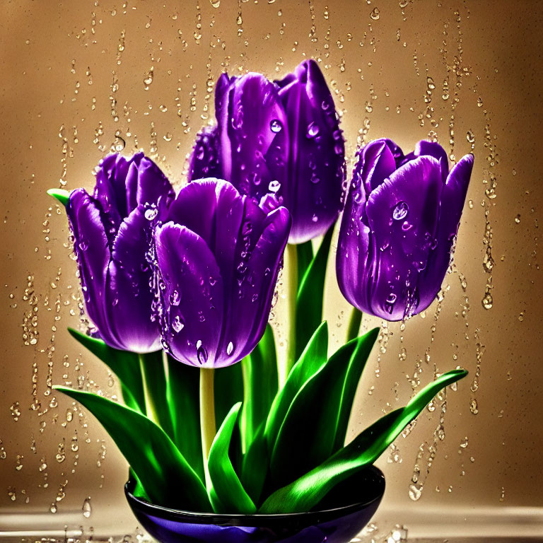 Purple Tulips with Water Droplets on Beige Background