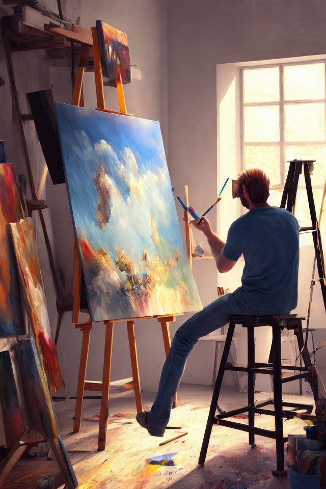 Artist painting landscape in sunlit studio on canvas