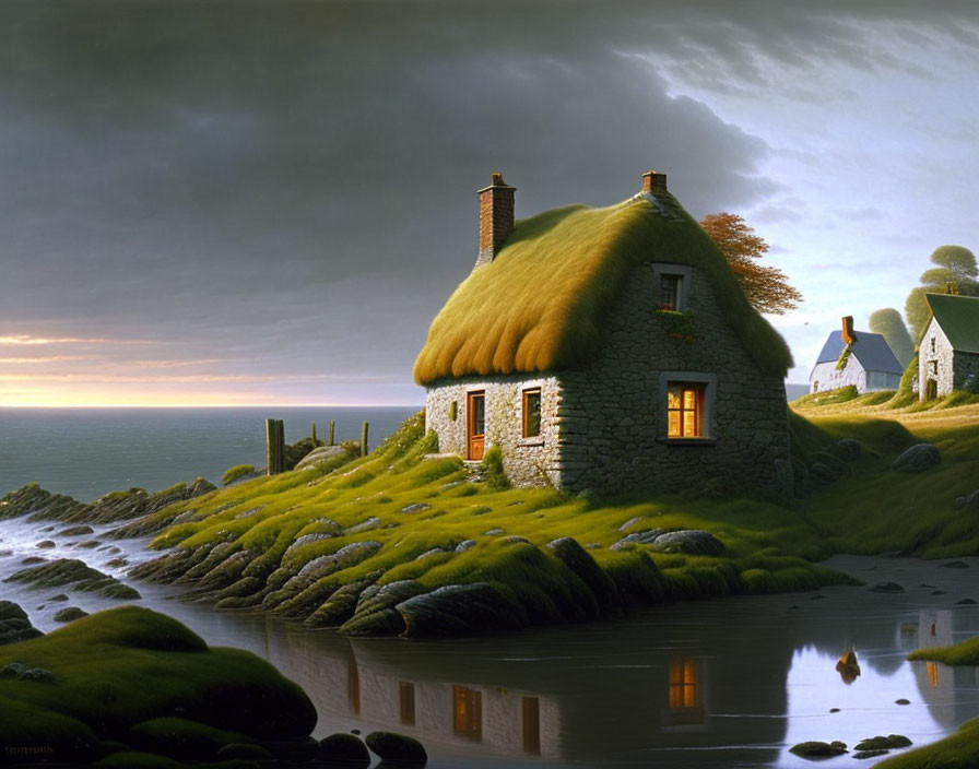 Quaint Thatched-Roof Cottage by Serene Coastline at Dusk