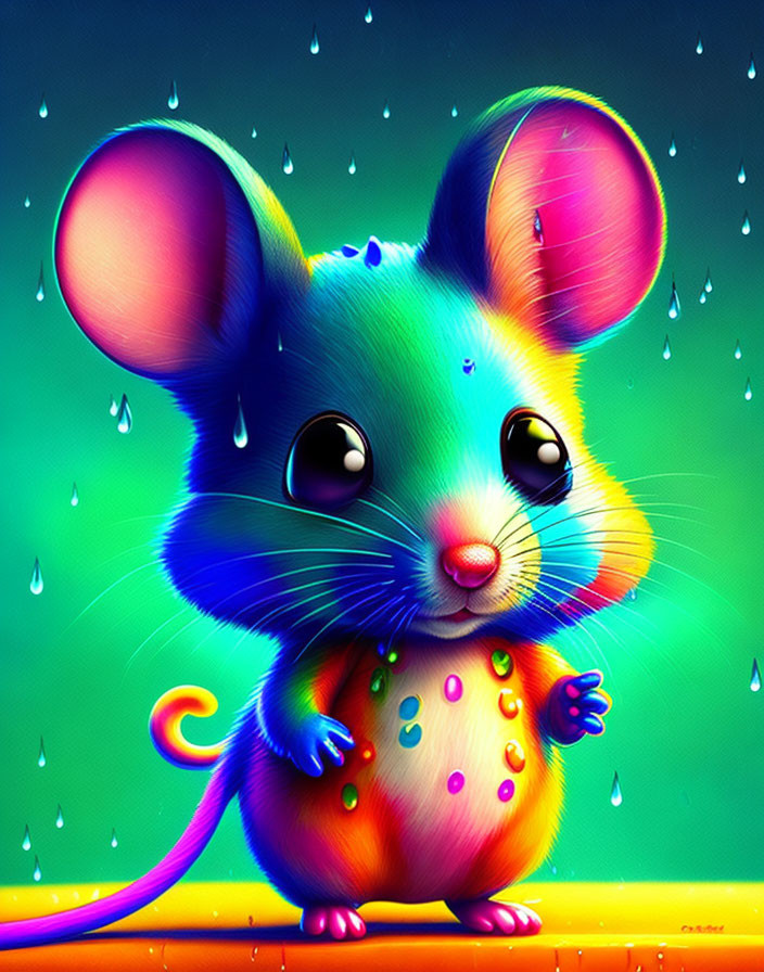 Colorful Plump Mouse Holding Cheese Under Raindrops