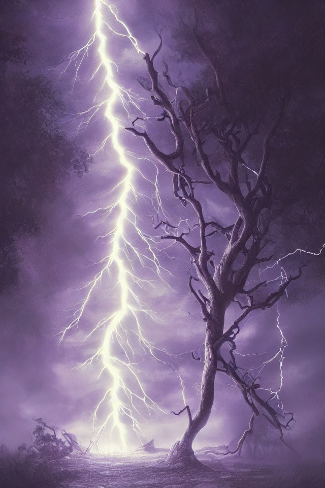 Gnarled tree against violet sky struck by lightning