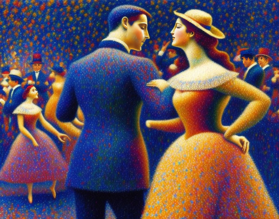 Vintage Attired Man and Woman Dancing in Colorful Pointillist Scene