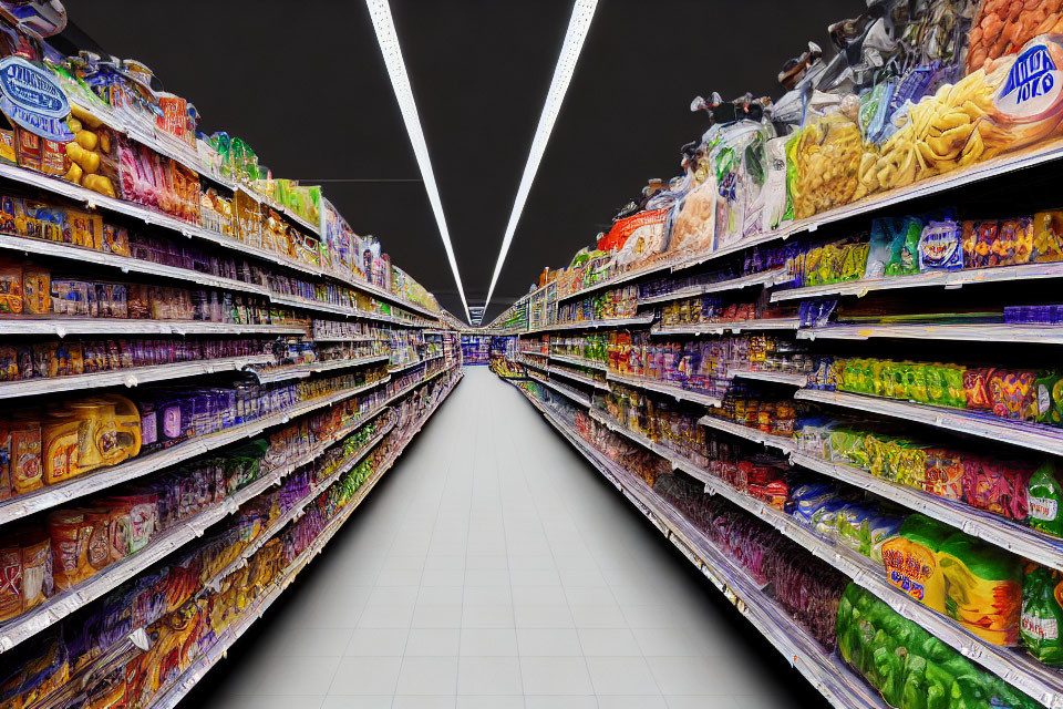 Symmetrical Supermarket Aisle with Colorful Produce and Goods