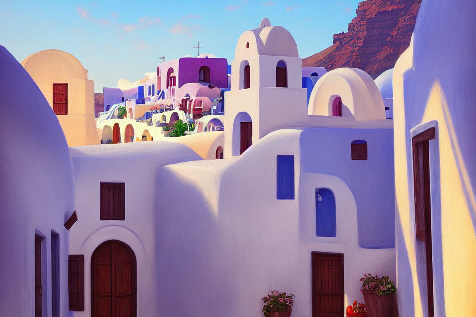 Traditional Greek Island Scene: Whitewashed Buildings & Curved Roofs