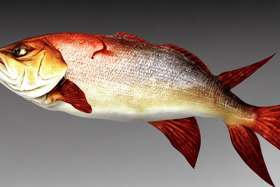 Colorful Fish Close-Up with Detailed Scales and Pronounced Fins on Grey Background