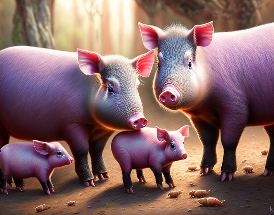 Three Cartoon Pigs in Forest with Acorns