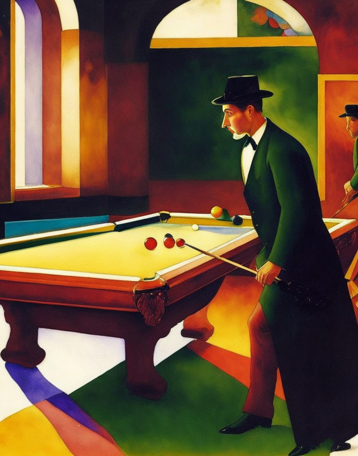 Man in Green Suit and Top Hat Playing Billiards in Vibrant Room