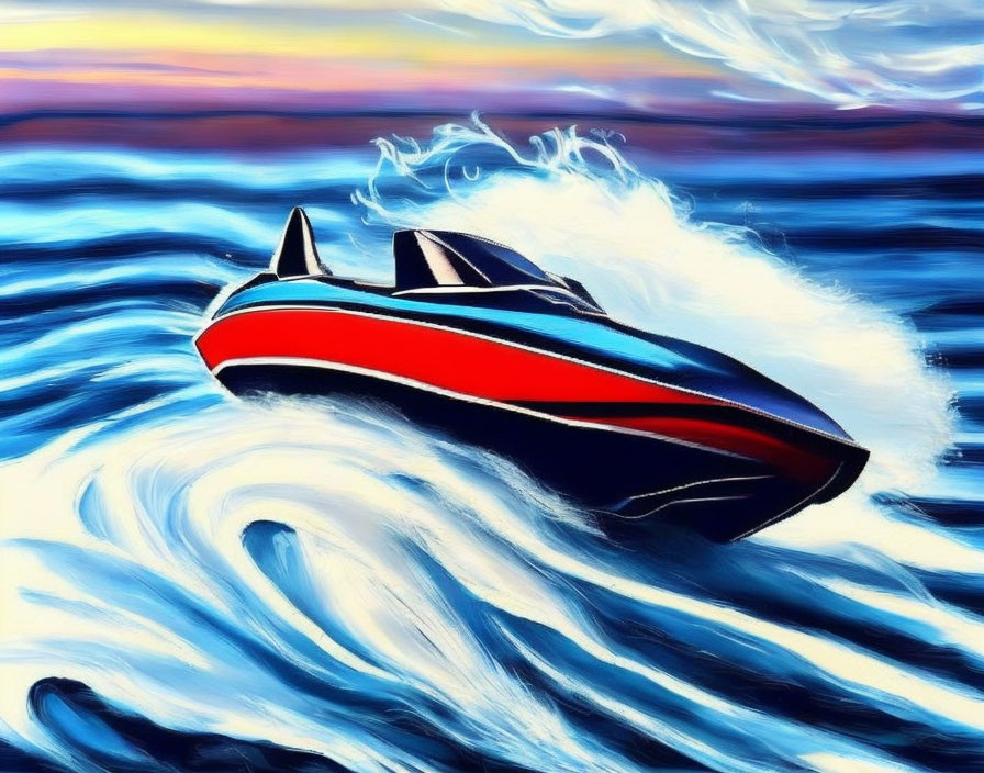 Speedboat racing on vibrant ocean with sunset sky