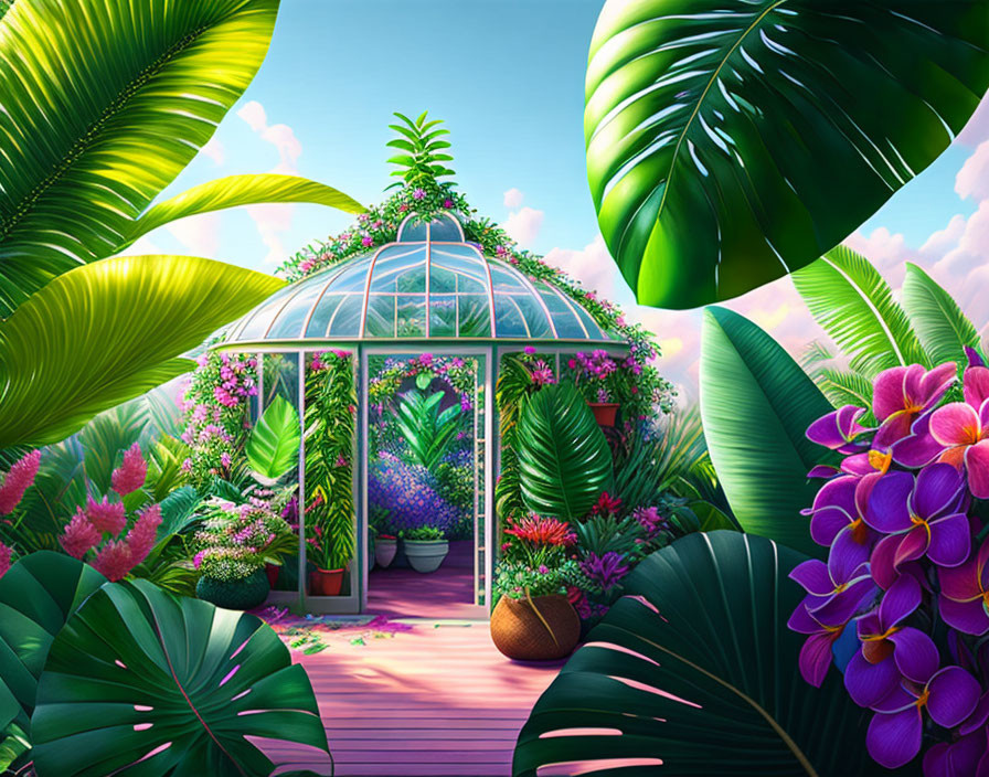 Tropical plants and flowers in lush greenhouse setting