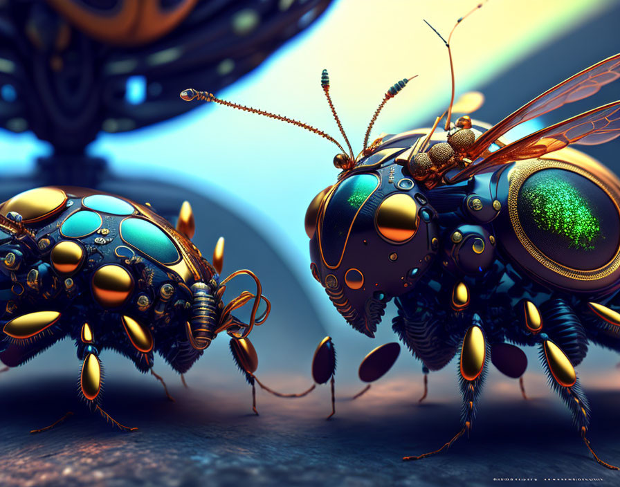 Metallic robotic insects with blue and gold details on blurred background