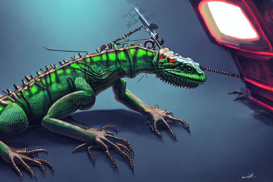 Digital artwork: Green reptilian creature with cybernetic enhancements and glowing red eye next to red light