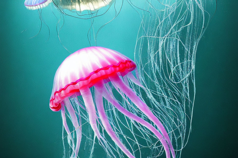 Translucent pink jellyfish with long tentacles in underwater scene