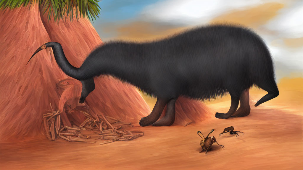 Giant anteater near anthill in desert setting with ants