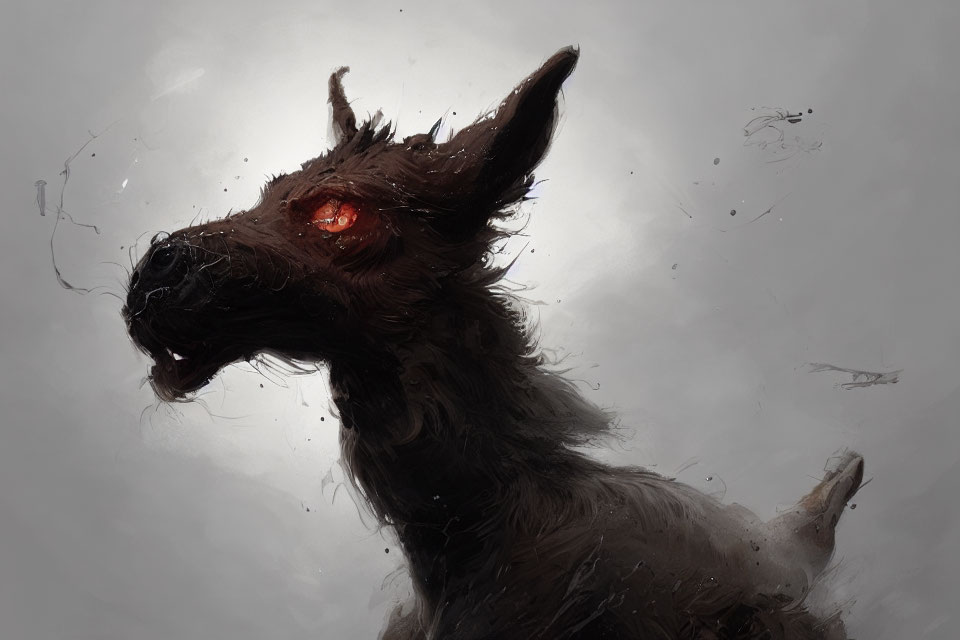 Dark creature with red eyes in digital painting against grey background