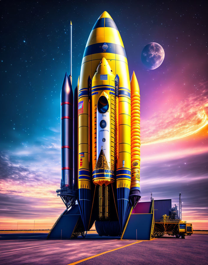 Colorful illustration of yellow and black launch vehicle on platform under twilight sky.