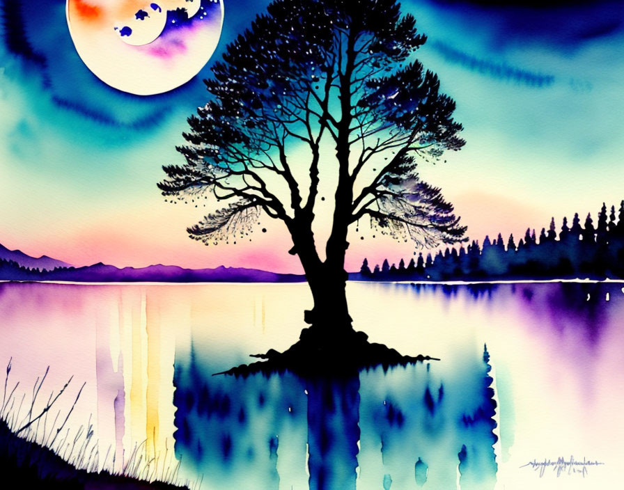 Colorful sunset and moonrise watercolor painting of a tree on an islet