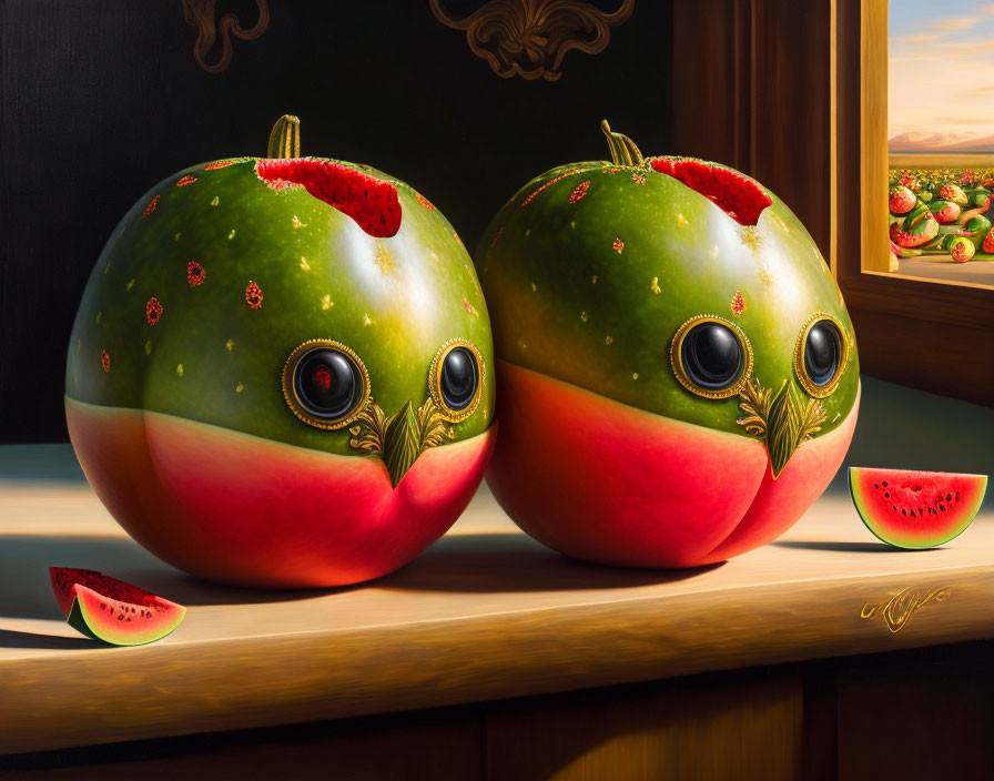 Surreal watermelons with eyeball-like patterns on wooden surface.