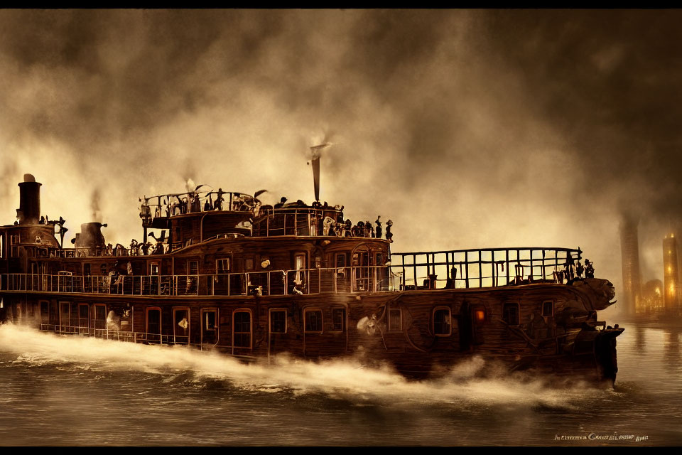 Vintage paddle steamer with passengers on misty river.