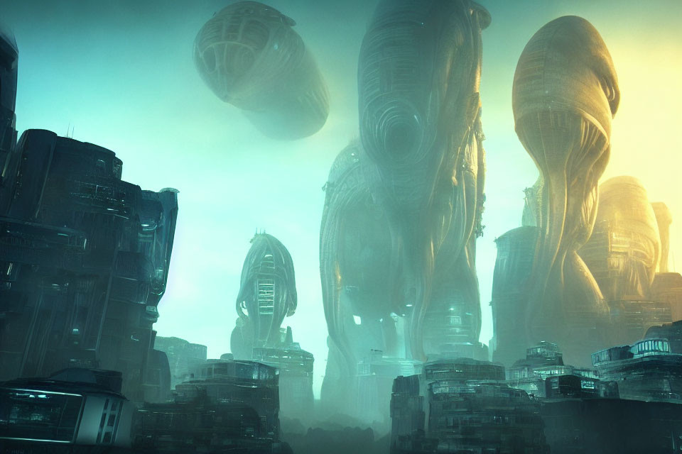 Futuristic cityscape with towering organic structures in blue-green haze