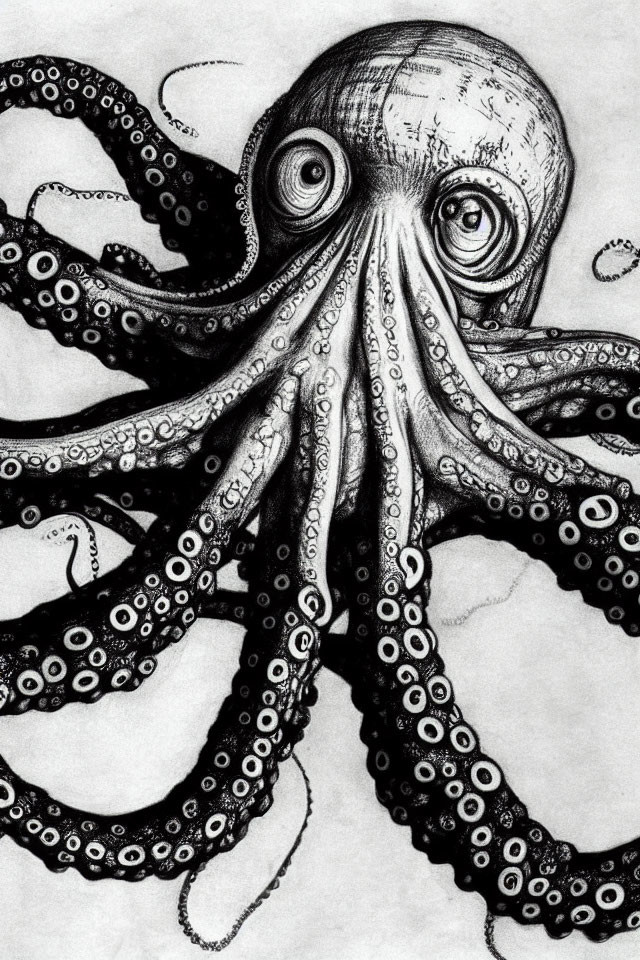 Detailed pencil sketch of octopus with prominent eyes and intricate suction cups.