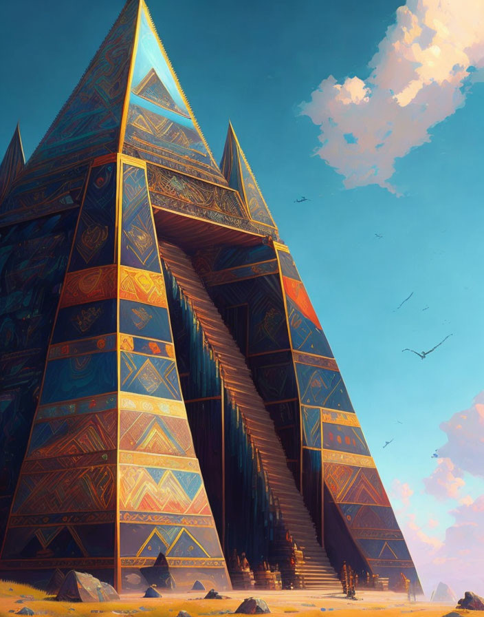 Intricate design fantasy pyramid with birds and figures under blue sky