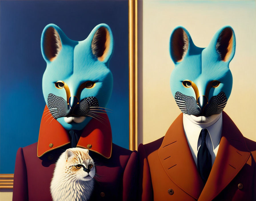 Surreal painting of two figures with fox heads in formal attire