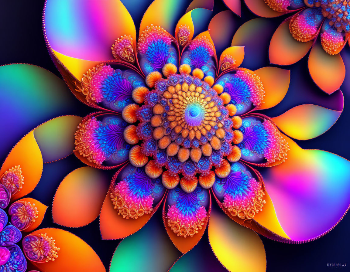 Colorful fractal flower design in neon hues on dark backdrop