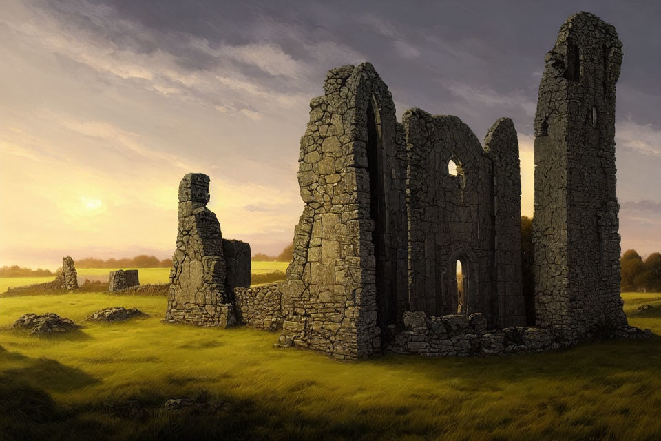 Ancient stone structure ruins in grassy field at sunset