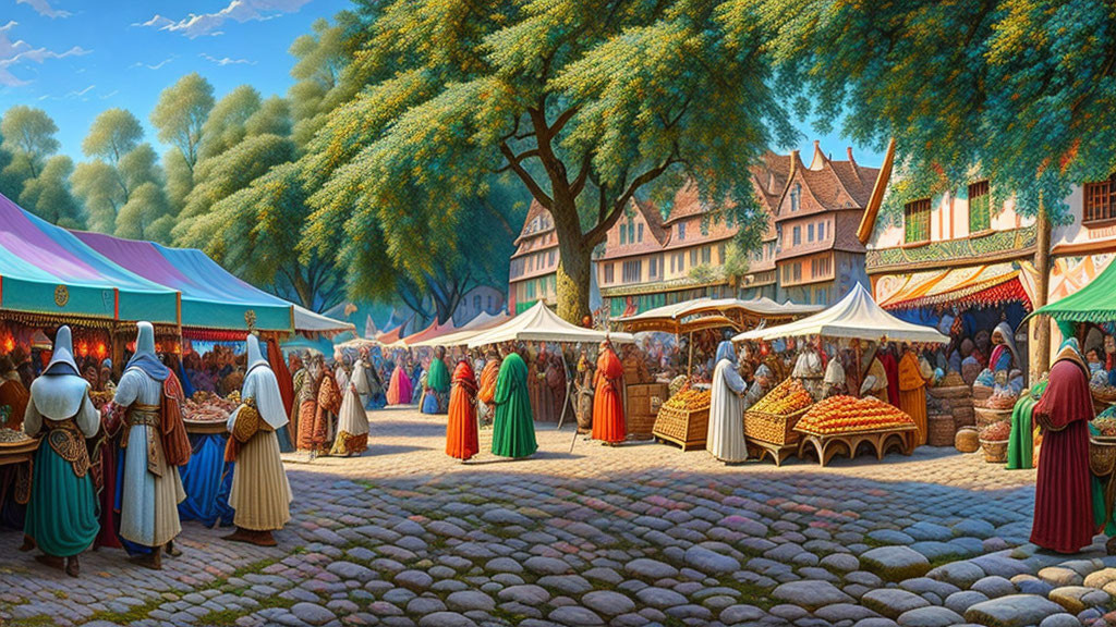 Medieval market scene with colorful stalls and townsfolk in period attire