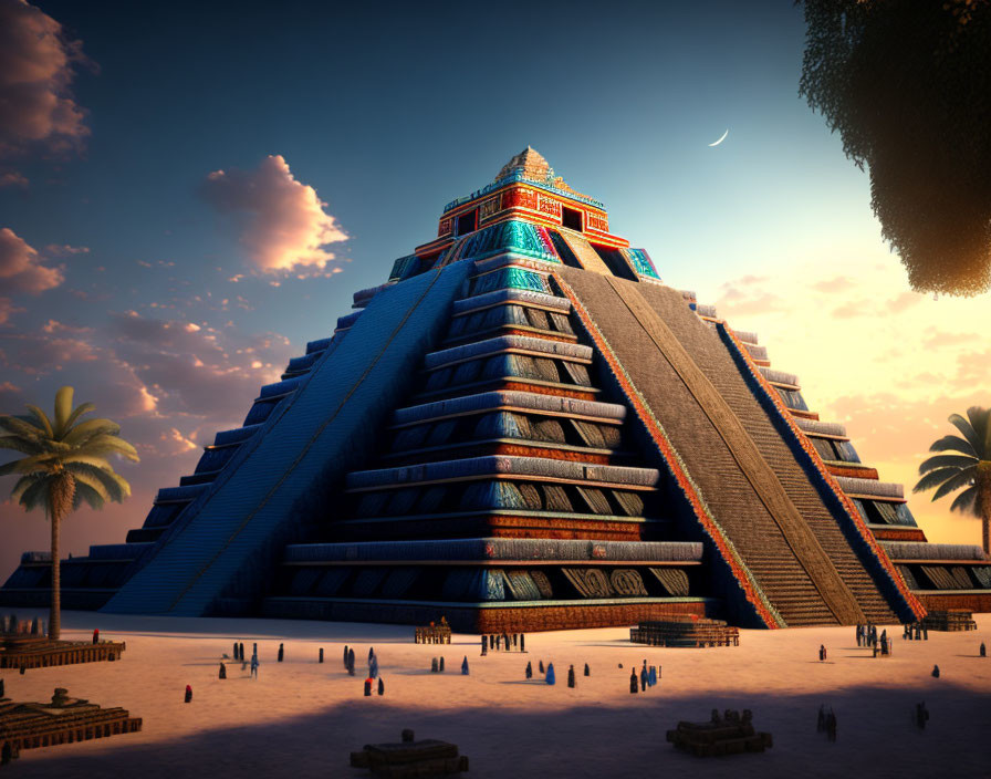 Digital rendering of Mesoamerican pyramid at sunset with crescent moon and silhouetted figures