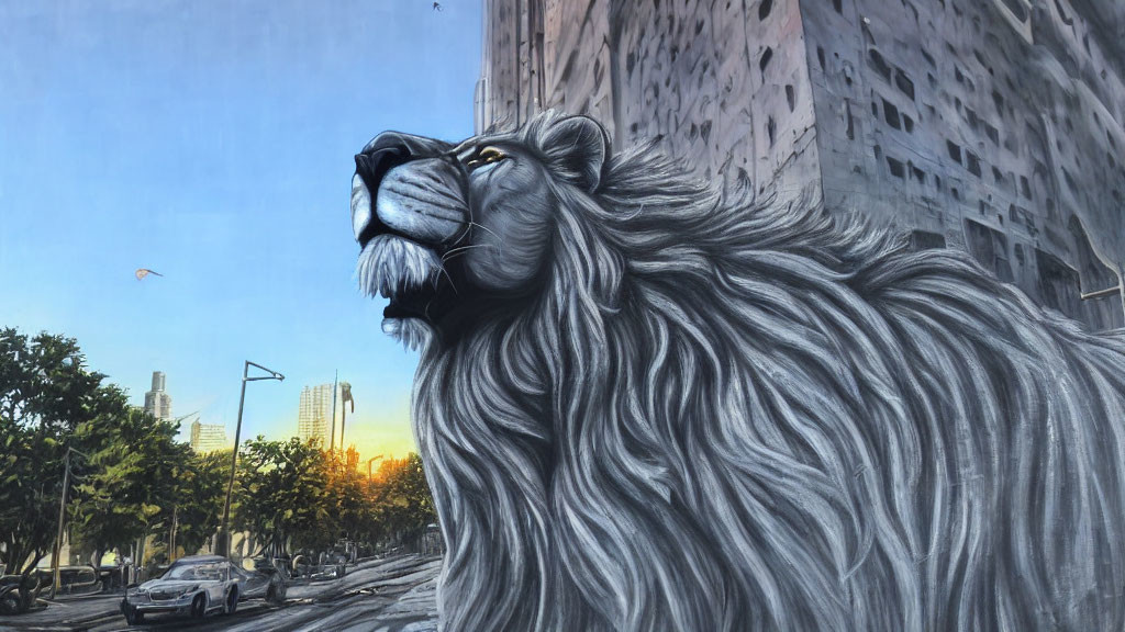 Realistic lion head mural on city wall with sunset backdrop