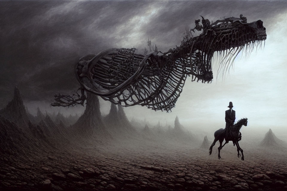 Cowboy riding horse under massive mythical beast skeleton in eerie landscape