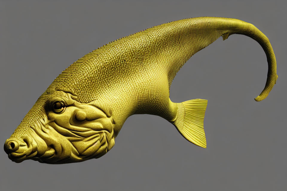 Stylized golden fish 3D illustration on grey background