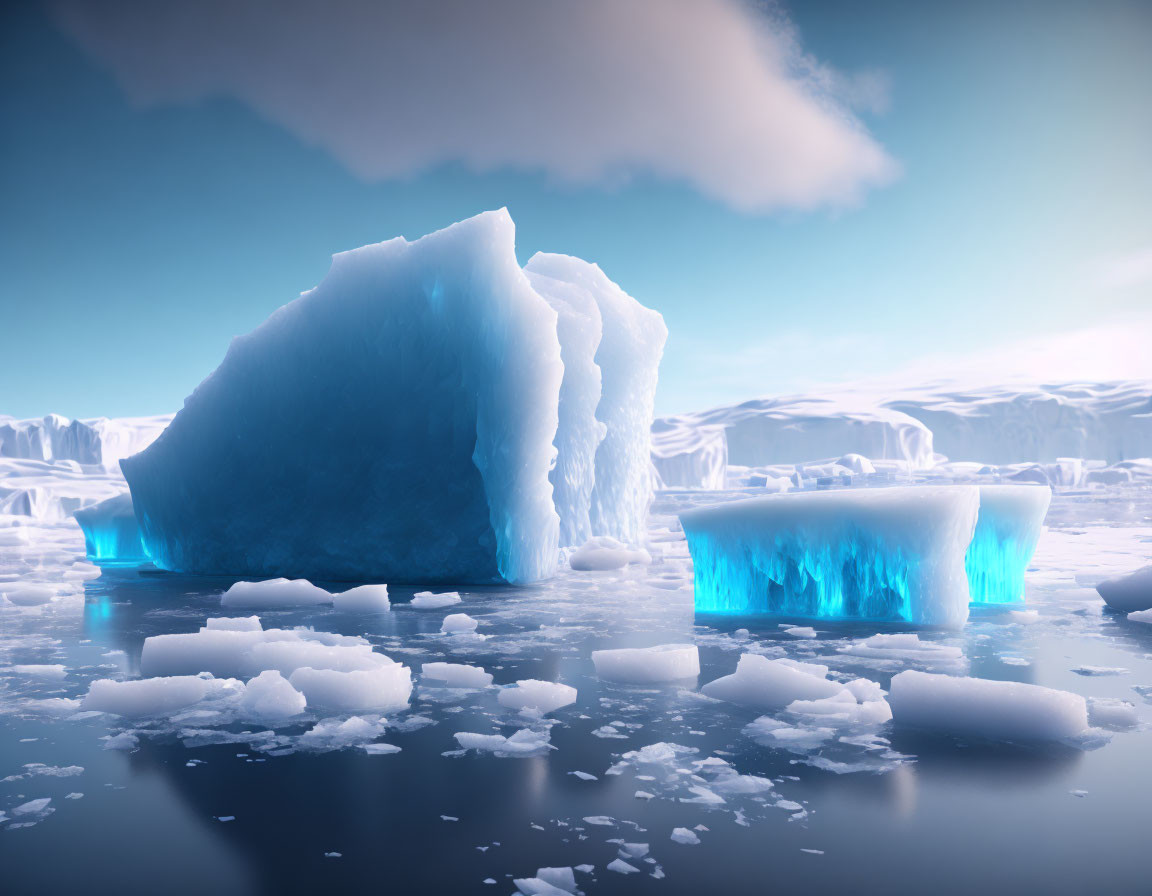 Translucent blue iceberg in icy waters under clear sky