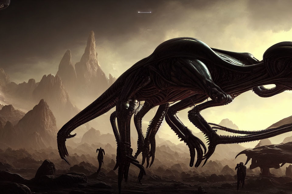 Elongated-limbed alien creature in dark, foreboding landscape