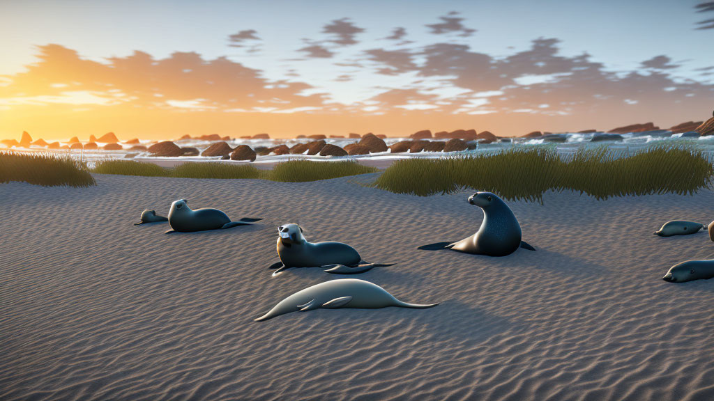 Tranquil beach scene at dusk with seals, dunes, rocks, and cloudy sky