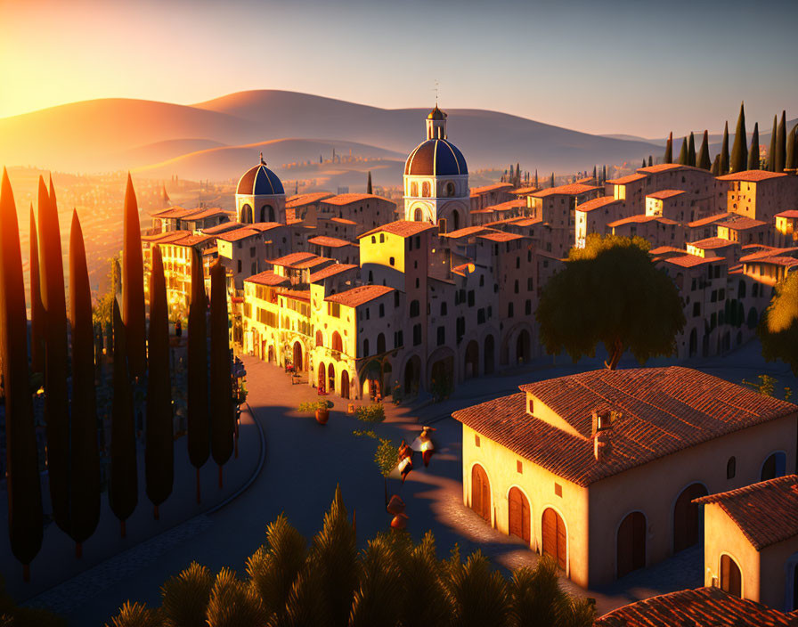 European village sunset scene with terracotta roofs, scooter, and cypress trees