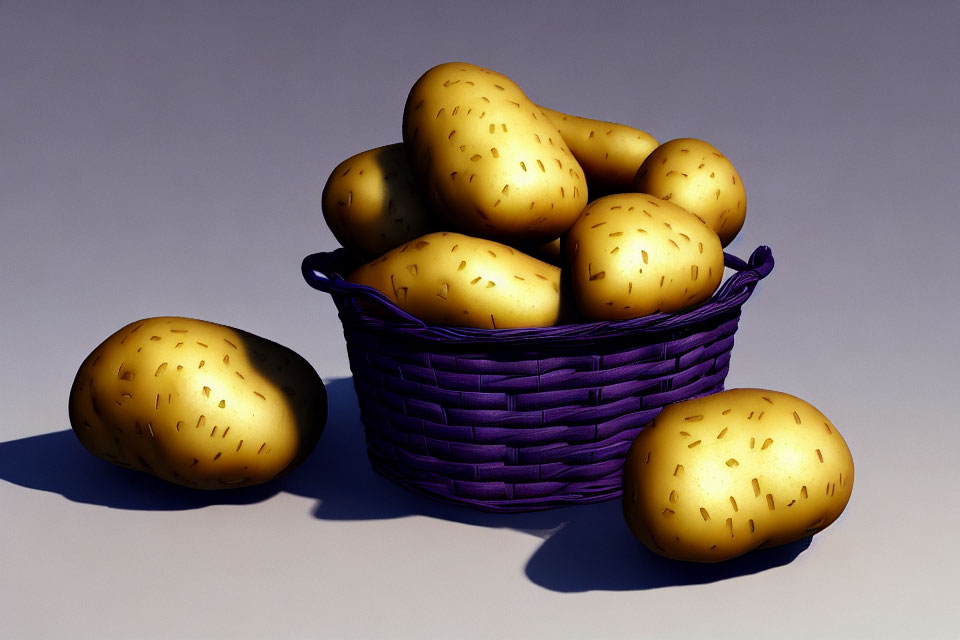 3D-rendered image of purple basket with golden potatoes