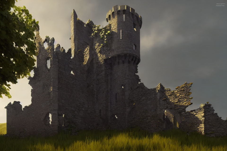 Medieval stone castle ruins with intact tower in green landscape at dusk